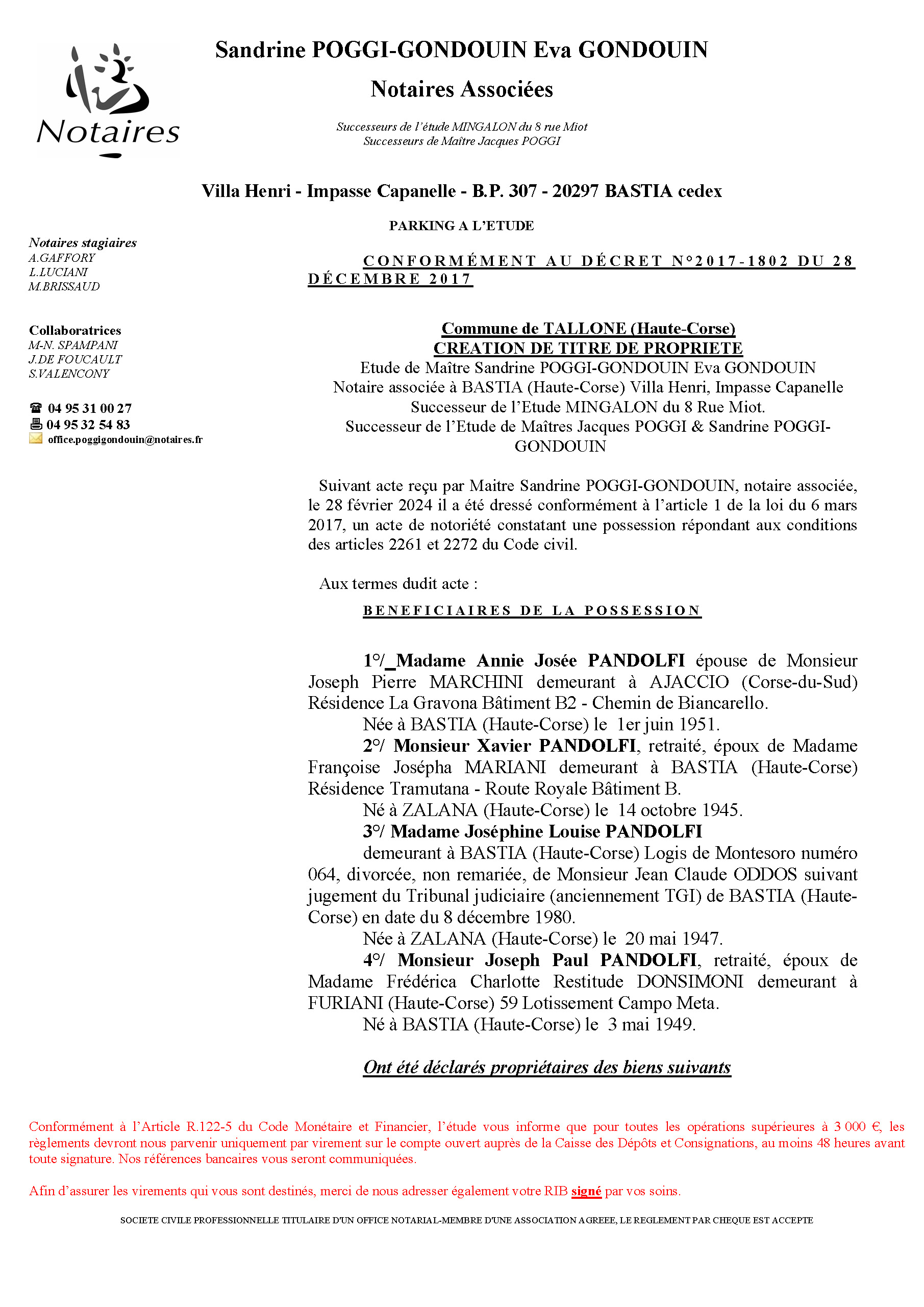 Avis de création de titre de propriété - Commune de Tallone (Cismonte)