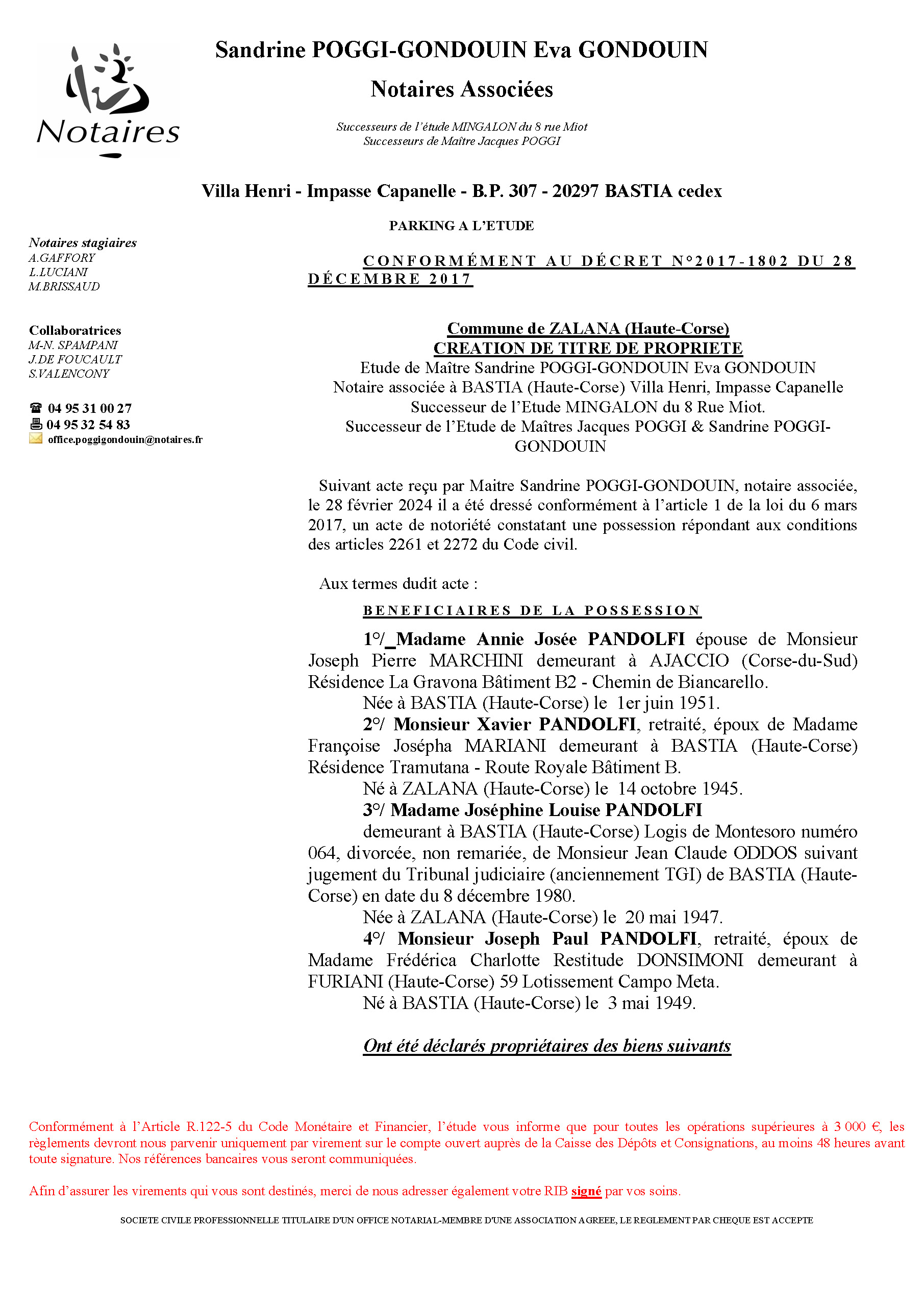Avis de création de titre de propriété - Commune de Zalana (Cismonte)