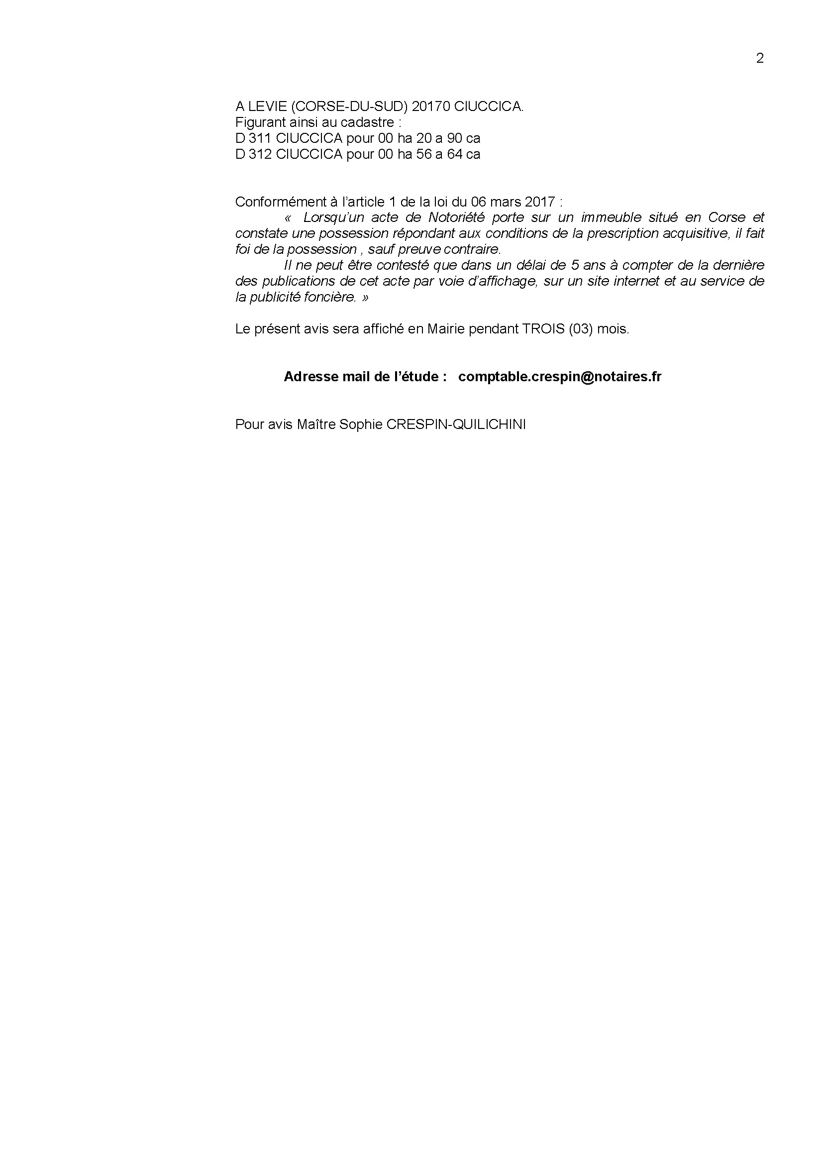 Avis de création de titre de propriété - Commune de Livia (Pumonti)