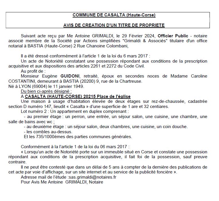 Avis de création de titre de propriété - Commune de Casalta (Cismonte)