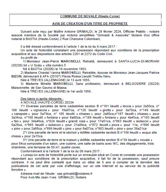 Avis de création de titre de propriété - Commune d'A Nuvale (Cismonte)