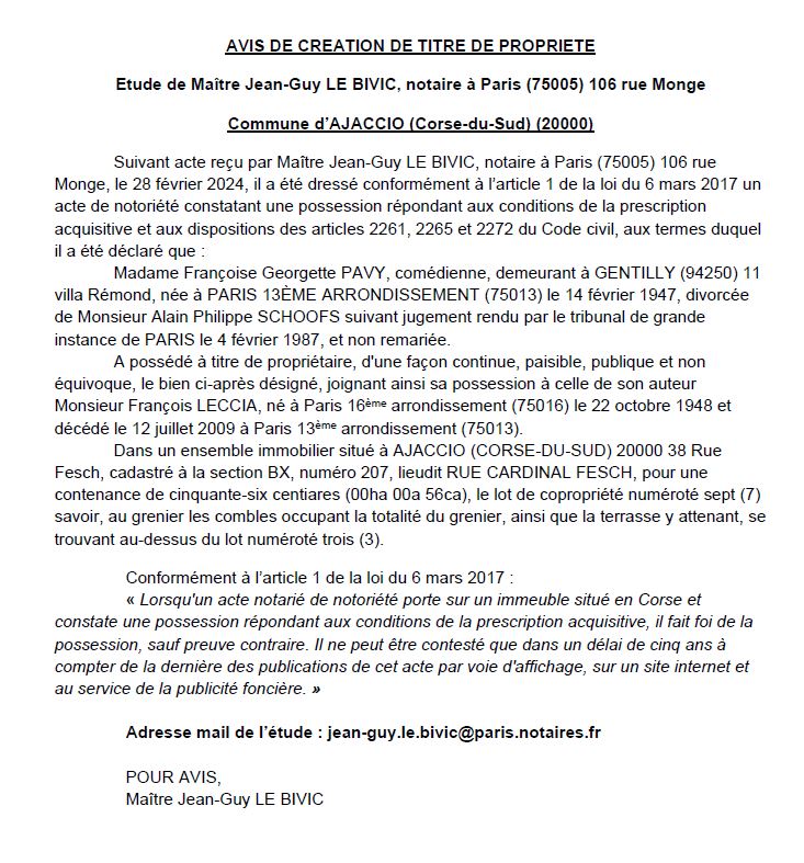 Avis de création de titre de propriété - Commune d'Aiacciu (Pumonti)