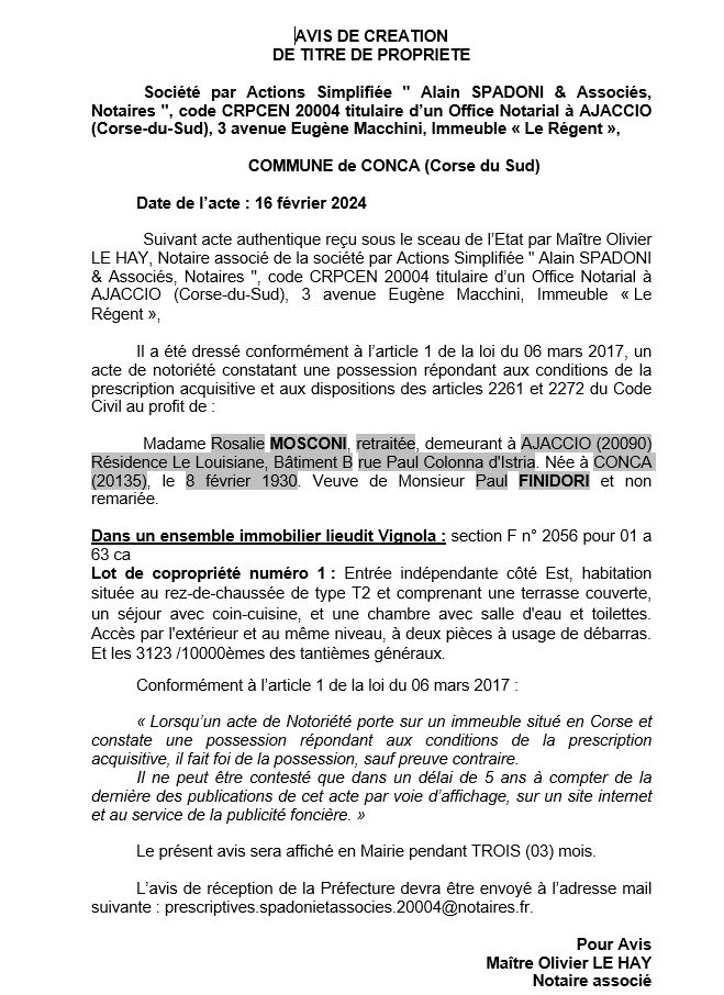Avis de création de titre de propriété - Commune de Conca (Pumonti)