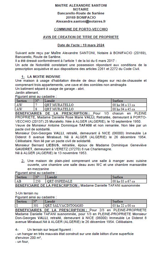 Avis de création de titre de propriété - Commune de Bonifaziu (Pumonti)