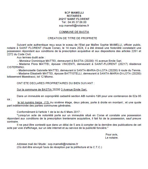 Avis de création de titre de propriété - Commune de Bastia (Cismonte)