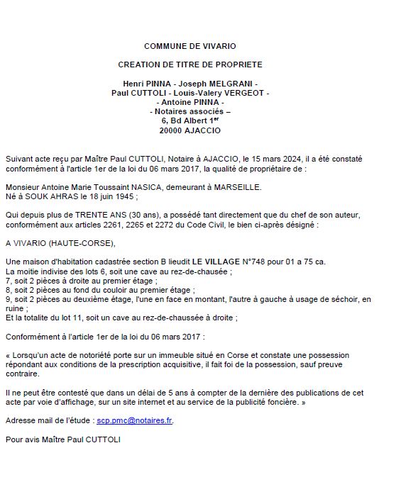 Avis de création de titre de propriété - Commune de Vivariu (Pumonti)
