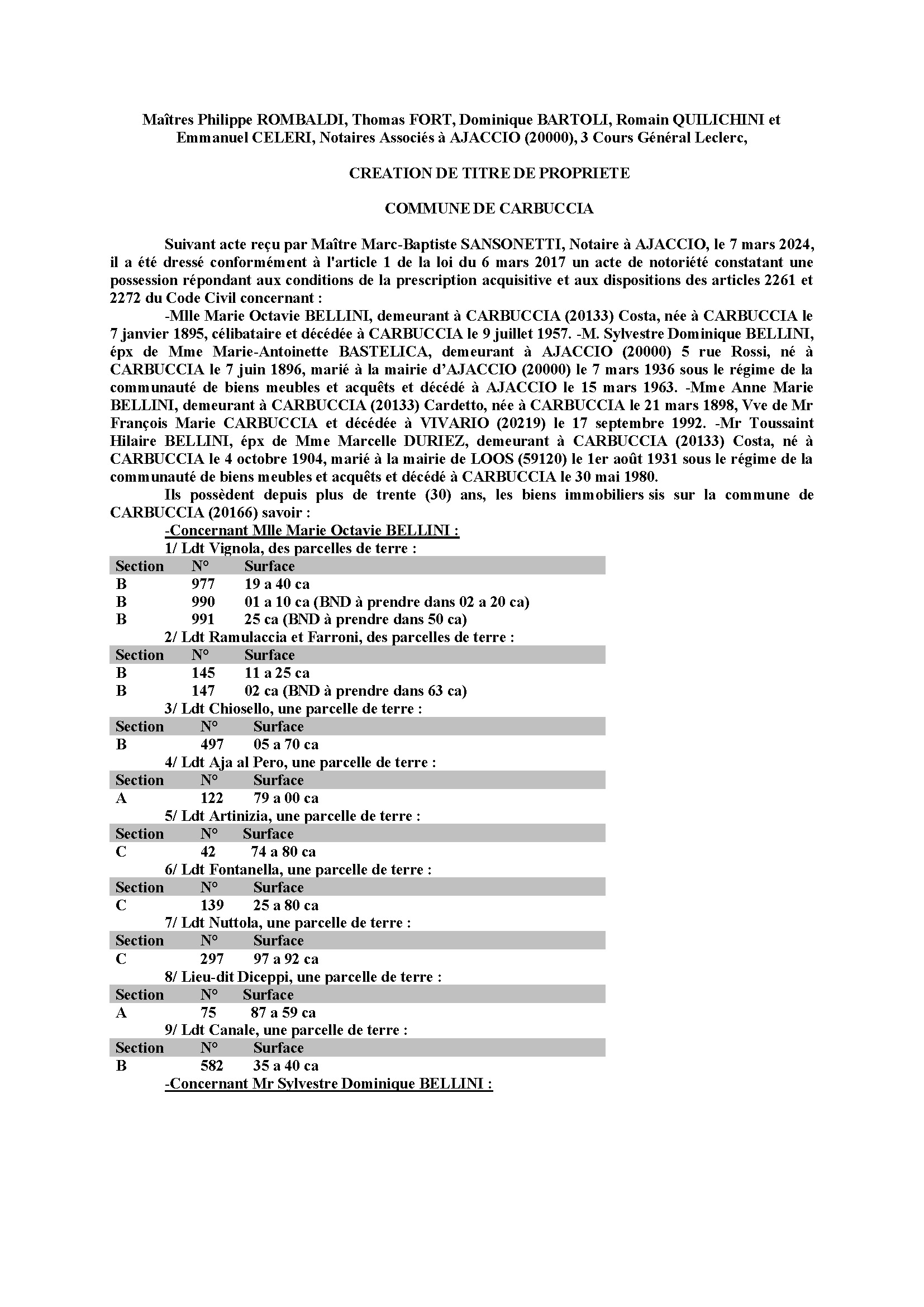 Avis de création de titre de propriété - Commune de Carbuccia (Pumonti)