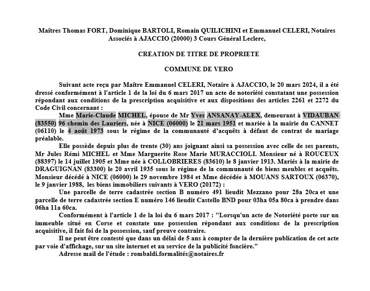 Avis de création de titre de propriété - Commune de Veru (Pumonti)