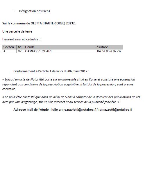 Avis de création de titre de propriété - Commune de Oletta (Cismonte)