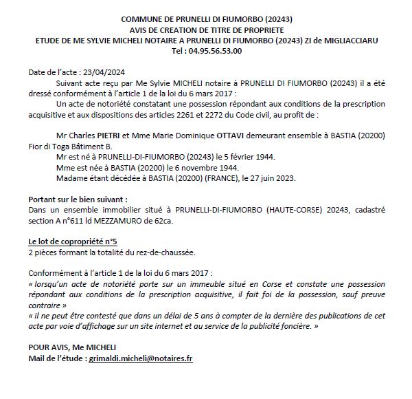 Avis de création de titre de propriété - Commune de I Prunelli di Fiumorbu (Cismonte)