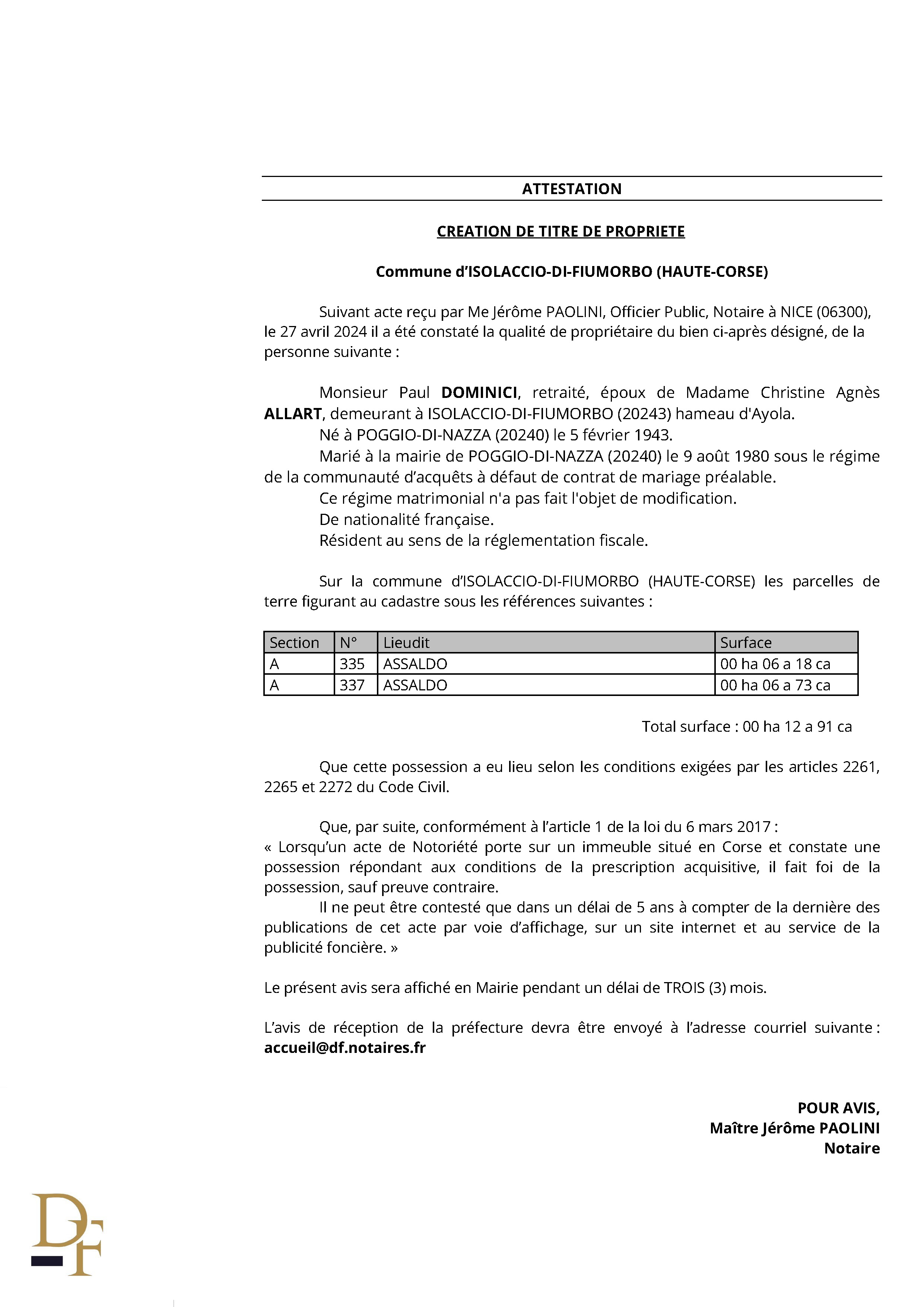 Avis de création de titre de propriété - Commune de L'Isulacciu di Fiumorbu (Cismonte)