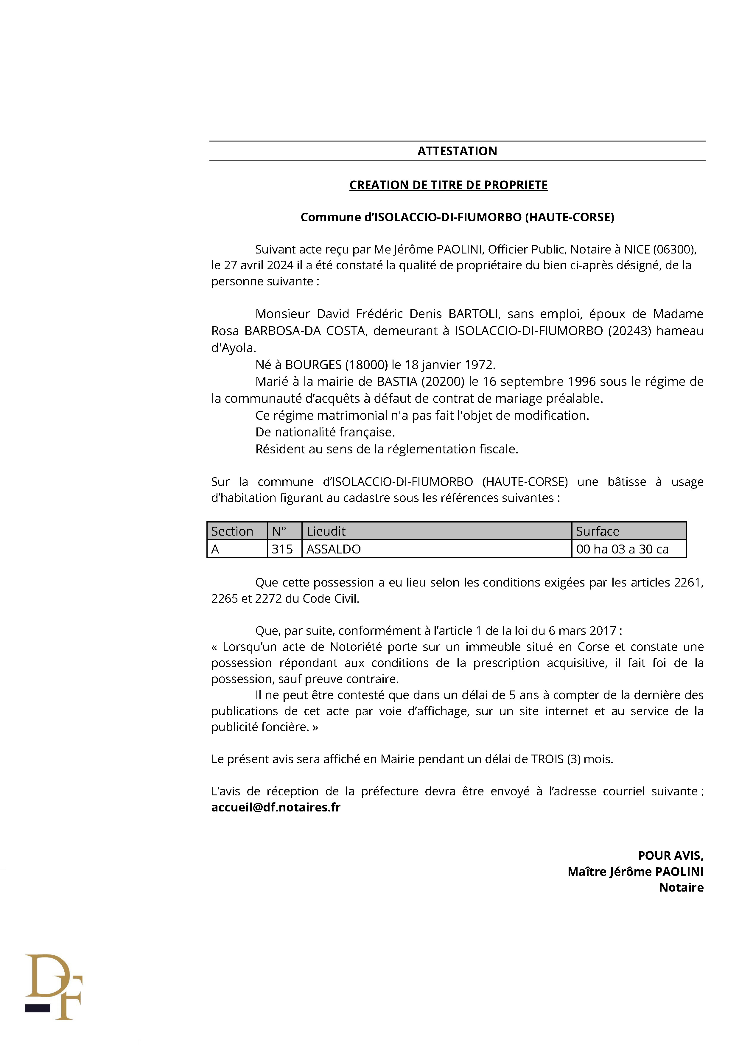 Avis de création de titre de propriété - Commune de L'Isulacciu di Fiumorbu (Cismonte)