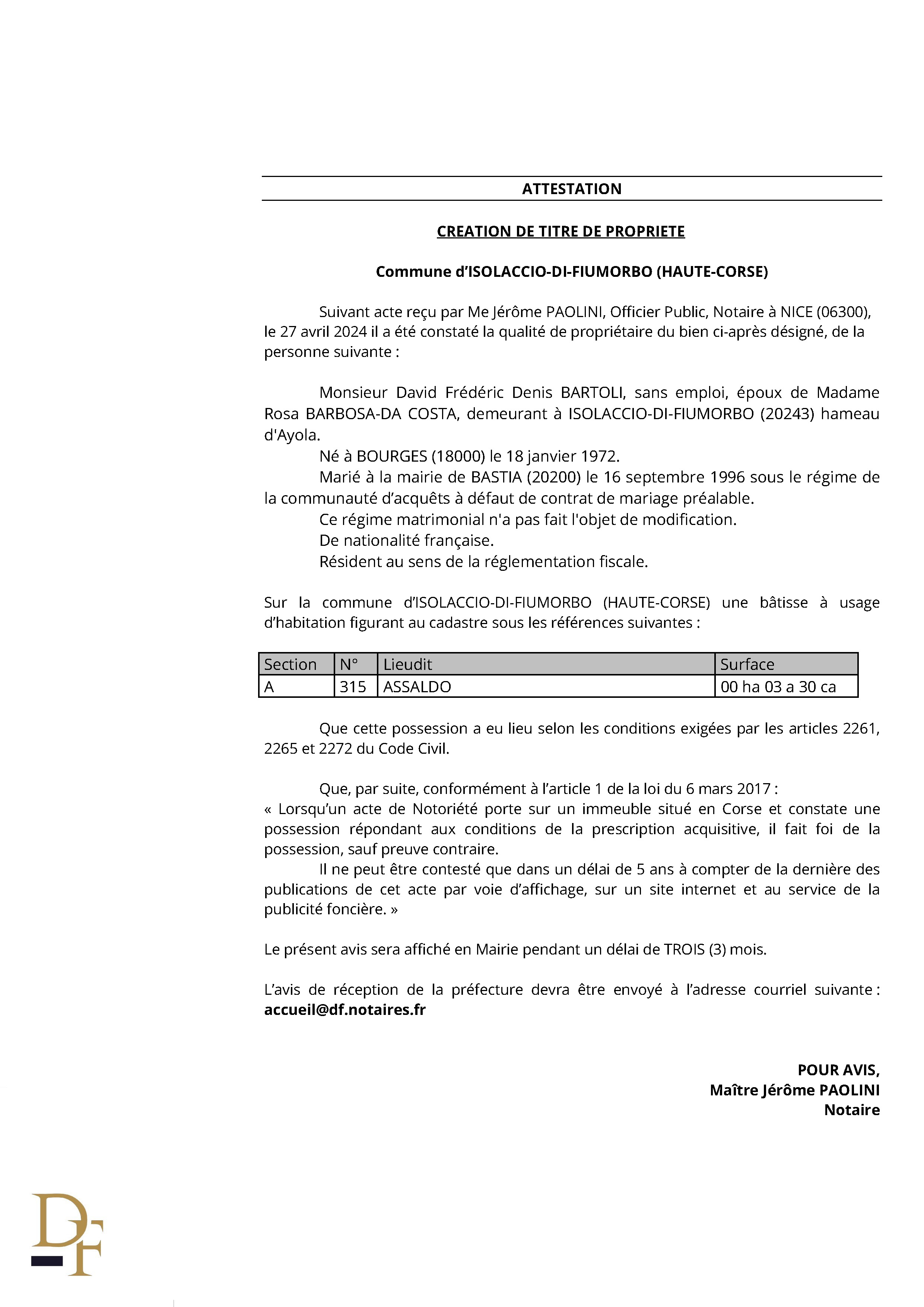 Avis de création de titre de propriété - Commune de L'Isulacciu di Fiumorbu (Cismonte)