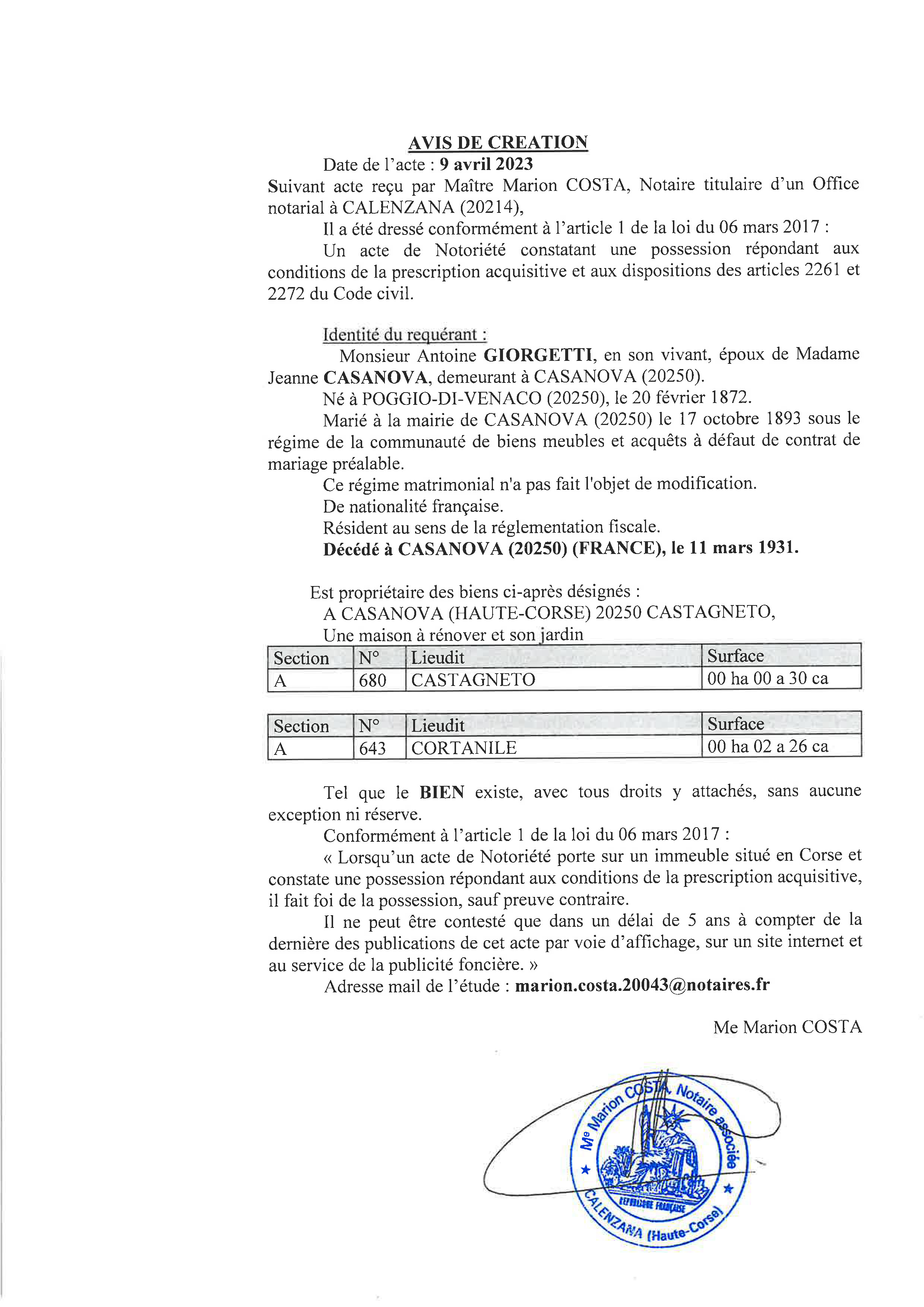 Avis de création de titre de propriété - Commune de Casanova (Cismonte)