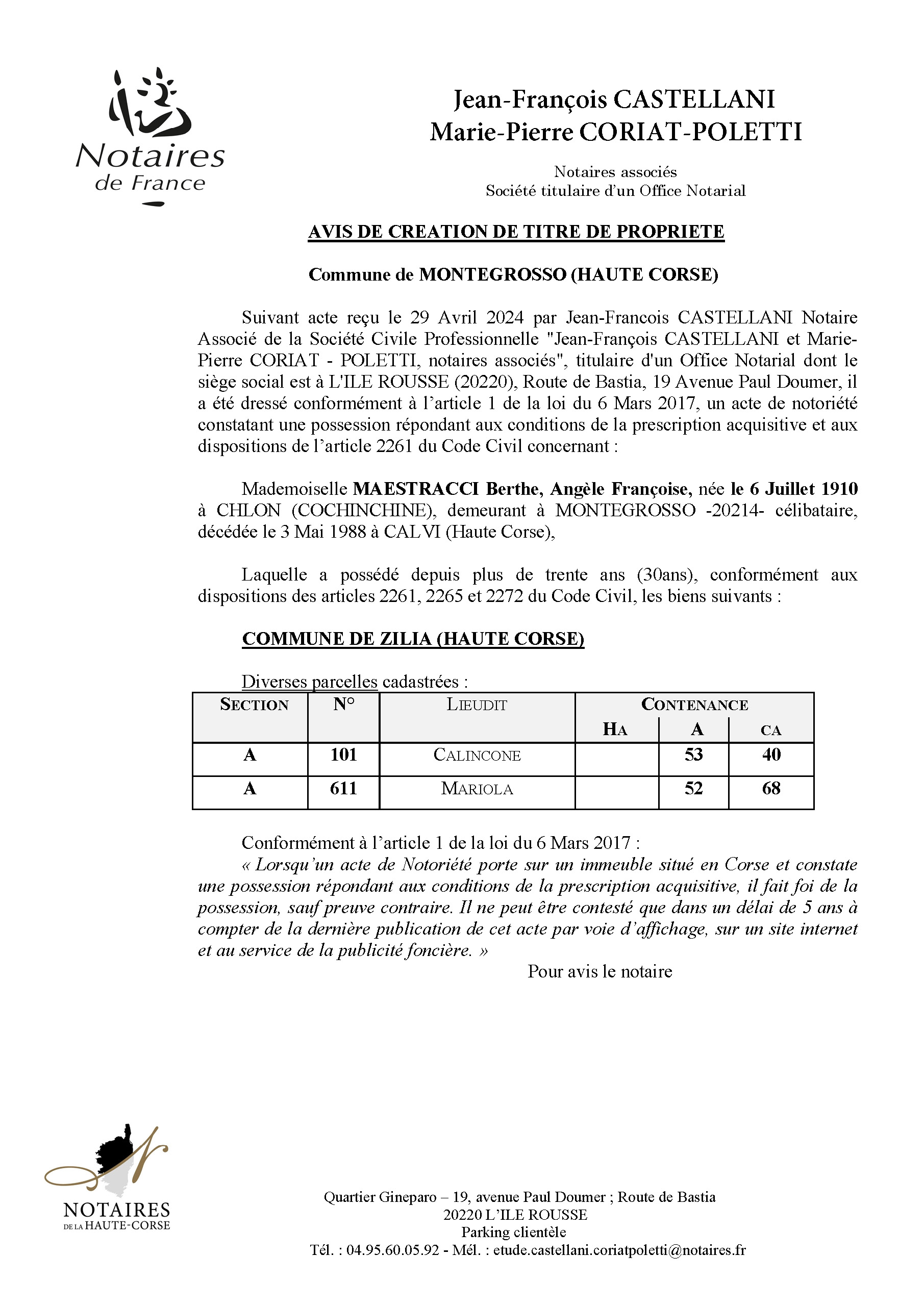 Avis de création de titre de propriété - Commune de ZIlia (Cismonte)