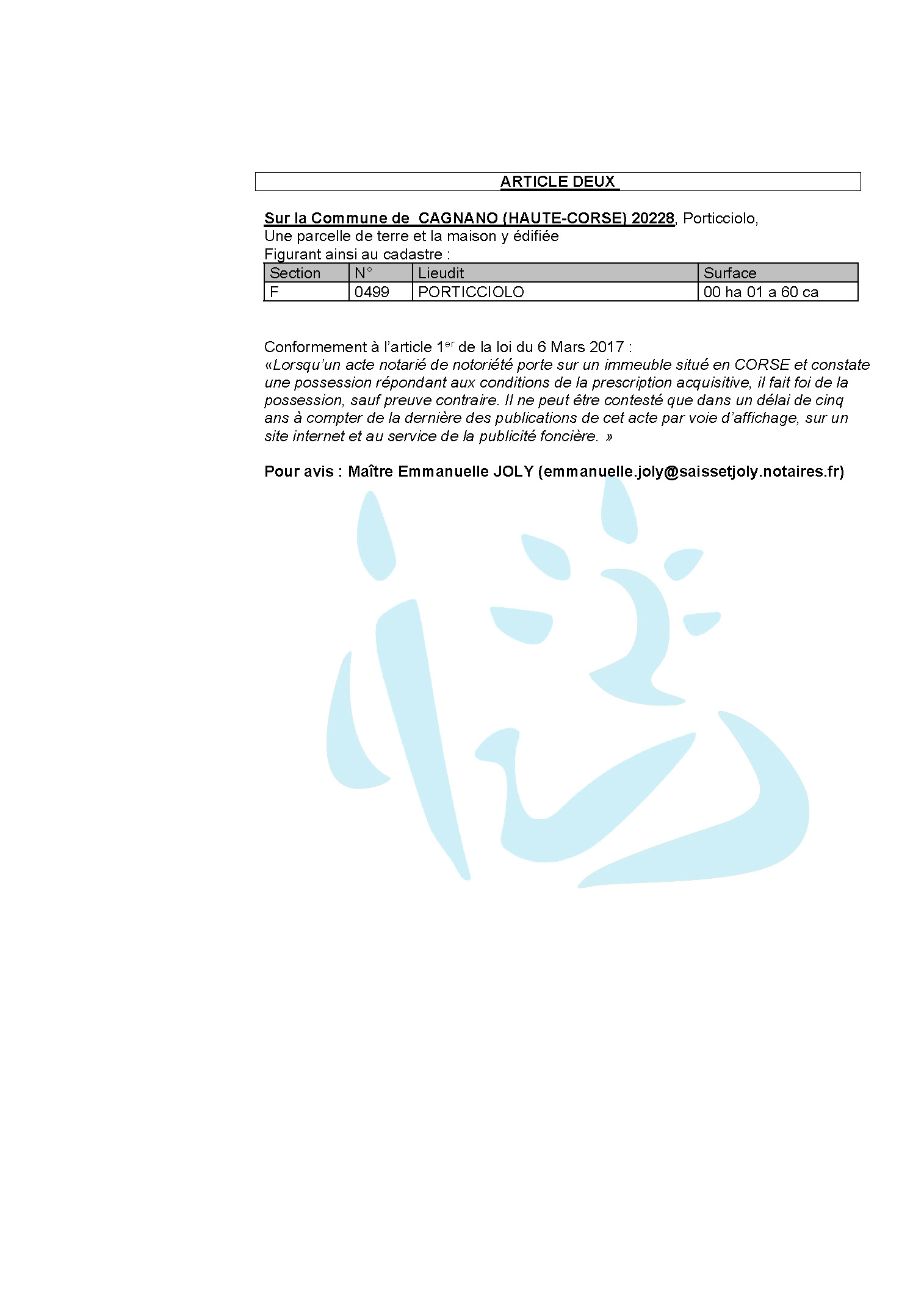 Avis de création de titre de propriété - Commune de Cagnanu (Cismonte)