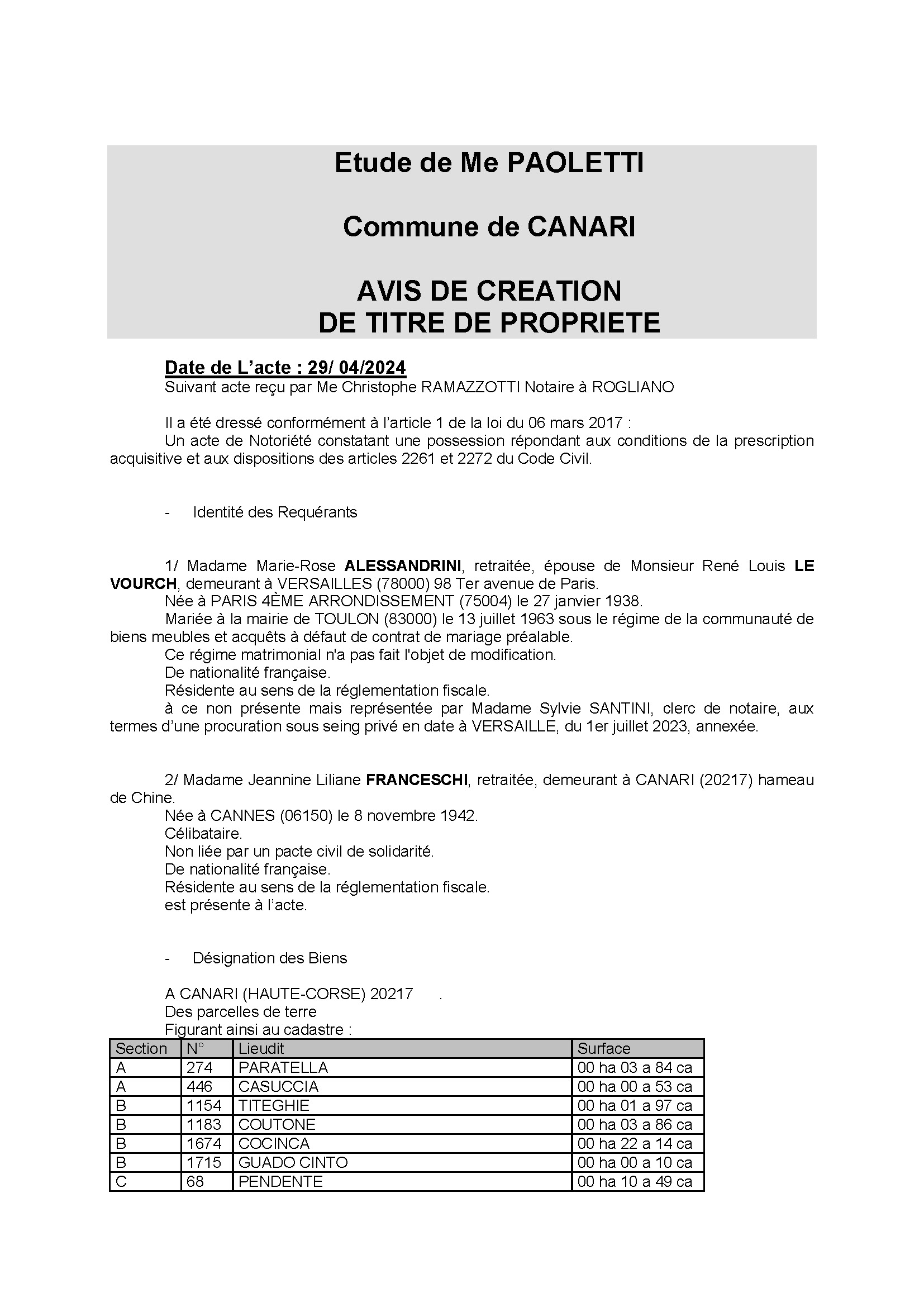 Avis de création de titre de propriété - Commune de Canari (Cismonte)