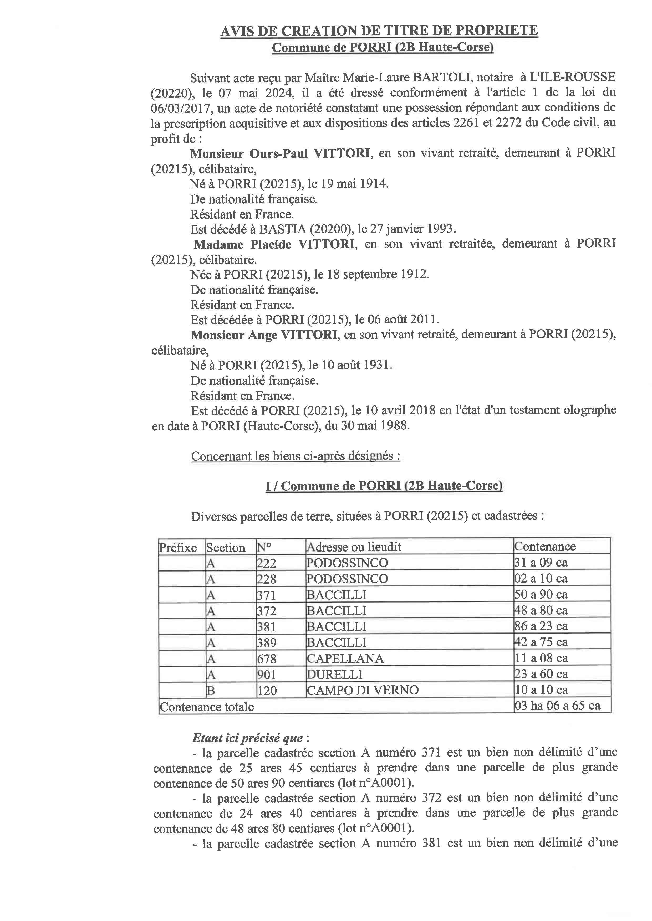 Avis de création de titre de propriété - Commune de Porri (Cismonte)