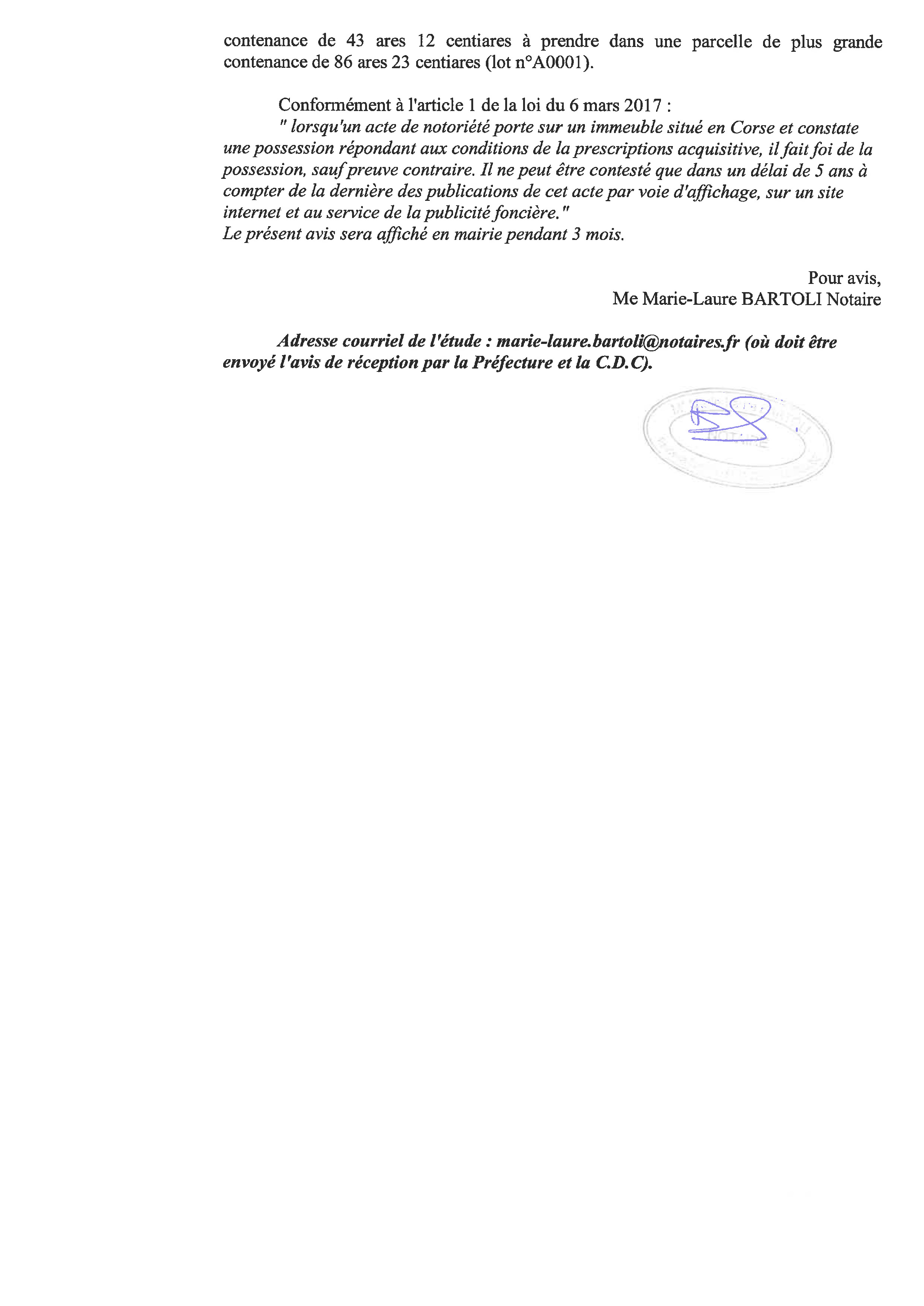 Avis de création de titre de propriété - Commune de Porri (Cismonte)
