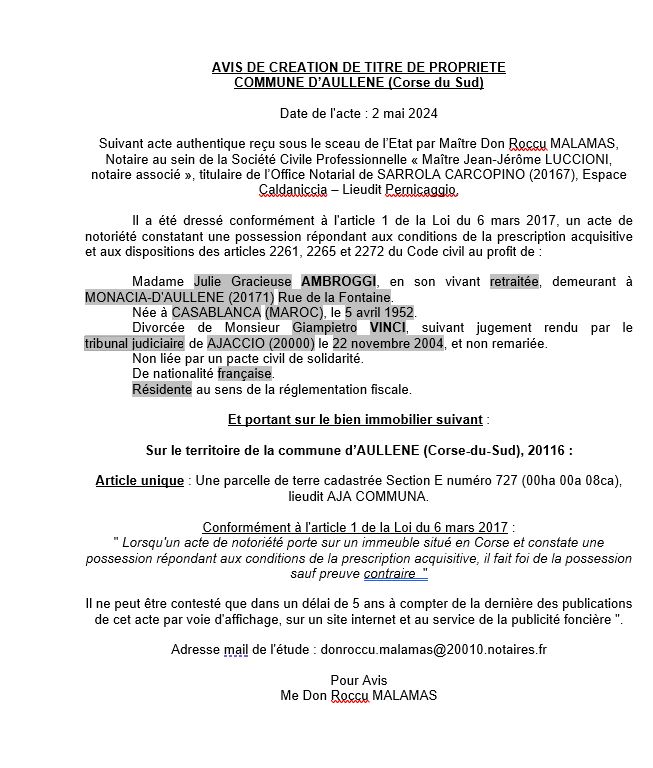 Avis de création de titre de propriété - Commune de Auddè (Pumonti)