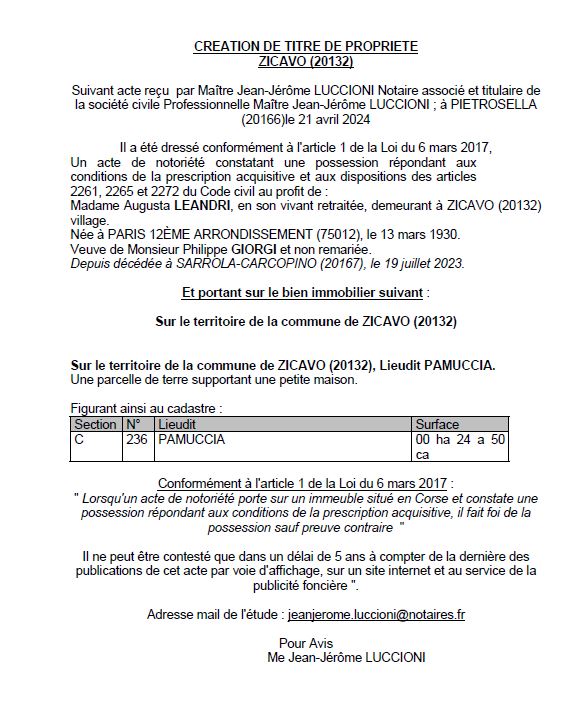 Avis de création de titre de propriété - Commune de Zicavu (Pumonti)