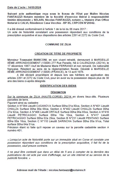 Avis de création de titre de propriété - Commune de Zilia (Pumonti)