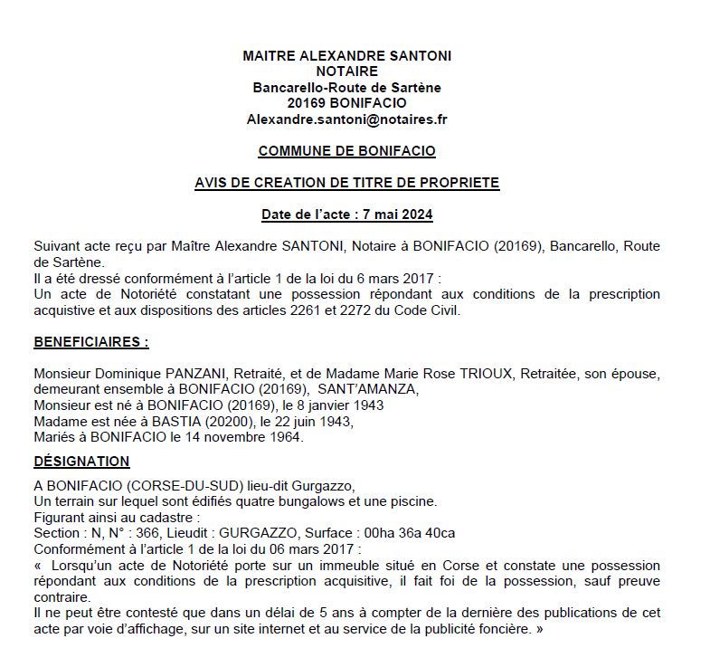 Avis de création de titre de propriété - Commune de Bonifaziu (Pumonti)