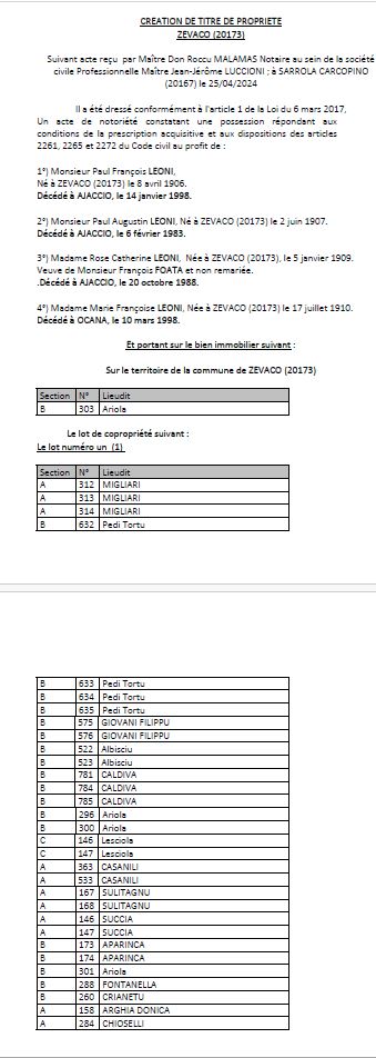 Avis de création de titre de propriété - Commune de Zecavu (Pumonti)