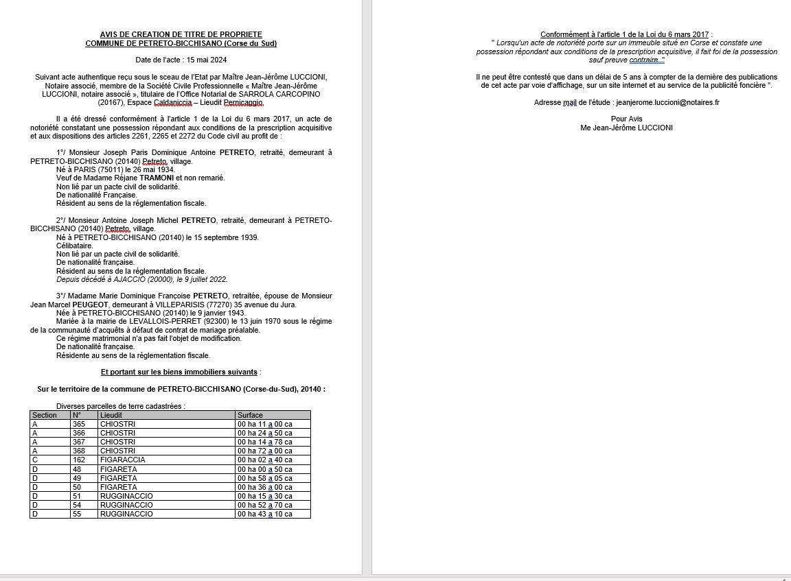 Avis de création de titre de propriété - Commune de Pitretu è Bicchisgià (Pumonti)