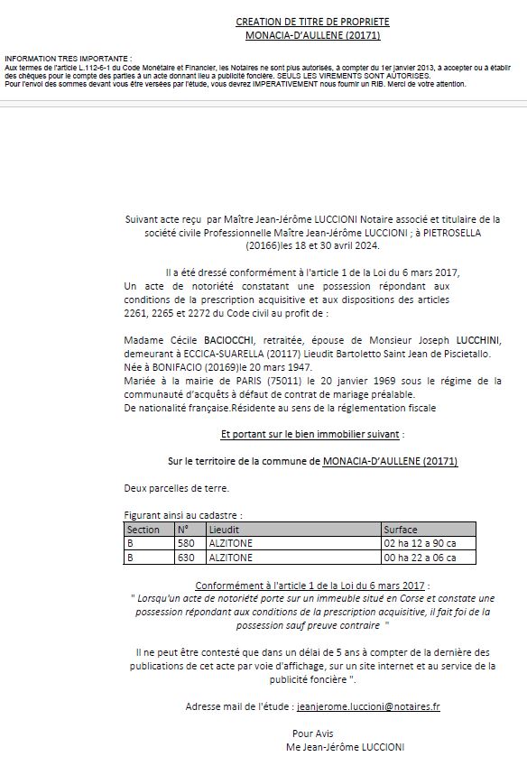 Avis de création de titre de propriété - Commune de A Munacia d'Auddè (Pumonti)