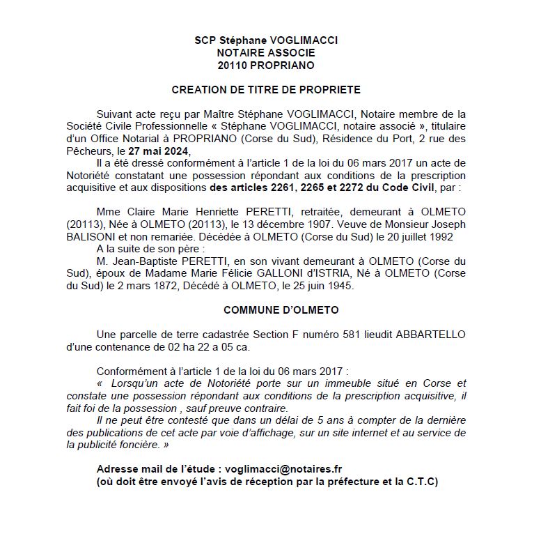 Avis de création de titre de propriété - Commune d'Ulmetu (Cismonte)