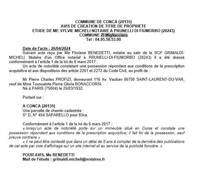 Avis de création de titre de propriété - Commune de Conca (Cismonte)