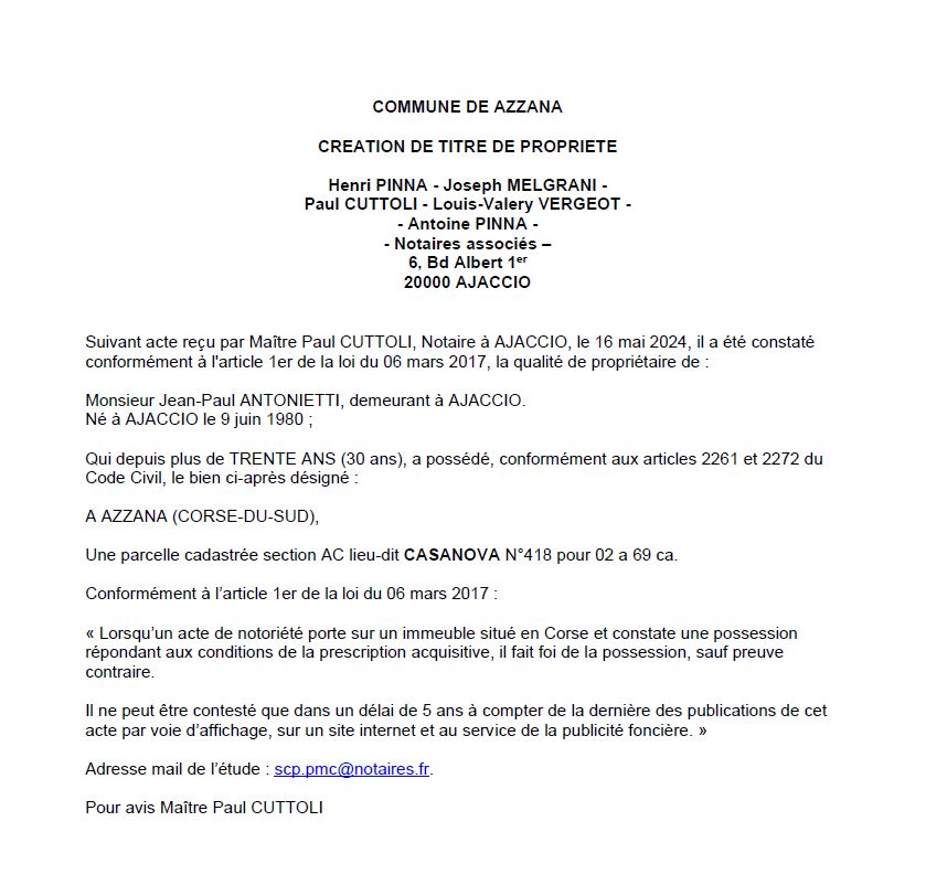 Avis de création de titre de propriété - Commune de Azzana (Pumonti)