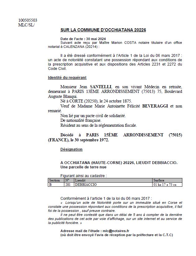 Avis de création de titre de propriété - Commune de Ochjatana (Cismonte)