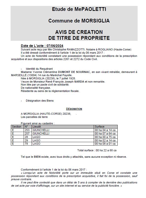 Avis de création de titre de propriété - Commune de Mursiglia (Cismonte)