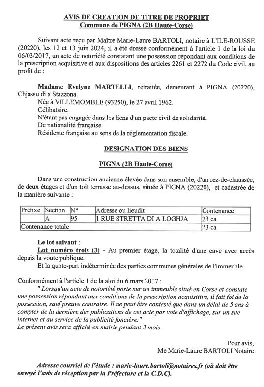 Avis de création de titre de propriété - Commune de Pigna (Cismonte)