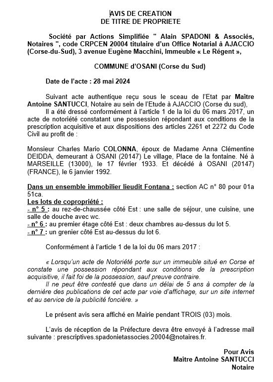 Avis de création de titre de propriété - Commune de Osani (Pumonti)