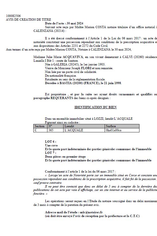 Avis de création de titre de propriété - Commune de Lozzi (Cismonte)