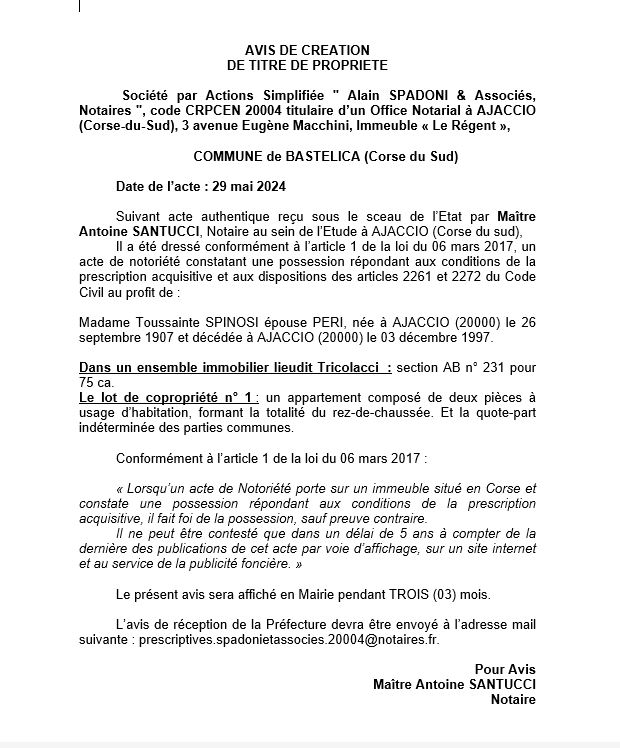 Avis de création de titre de propriété - Commune de Bastelica (Pumonti)