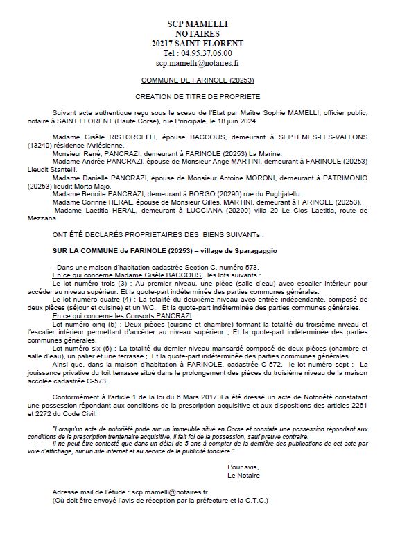 Avis de création de titre de propriété - Commune de Farringule (Cismonte)