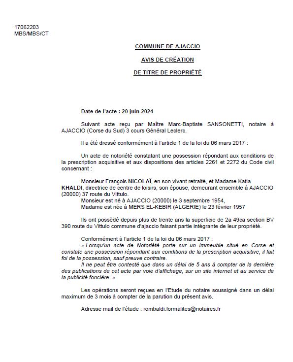 Avis de création de titre de propriété - Commune de Siscu (Cismonte)