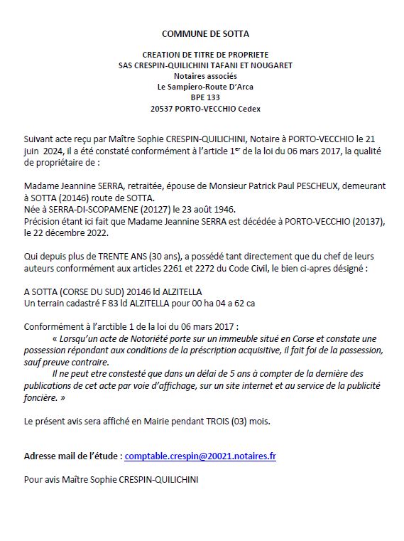 Avis de création de titre de propriété - Commune de Sotta (Pumonti)