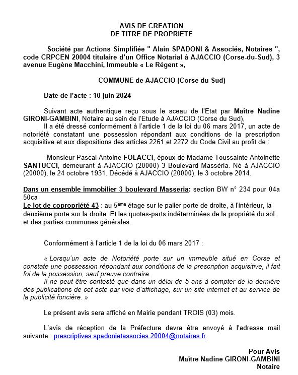 Avis de création de titre de propriété - Commune d'Aiacciu (Pumonti)