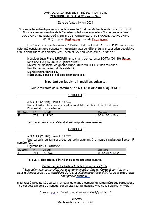 Avis de création de titre de propriété - Commune de Sotta (Pumonti)
