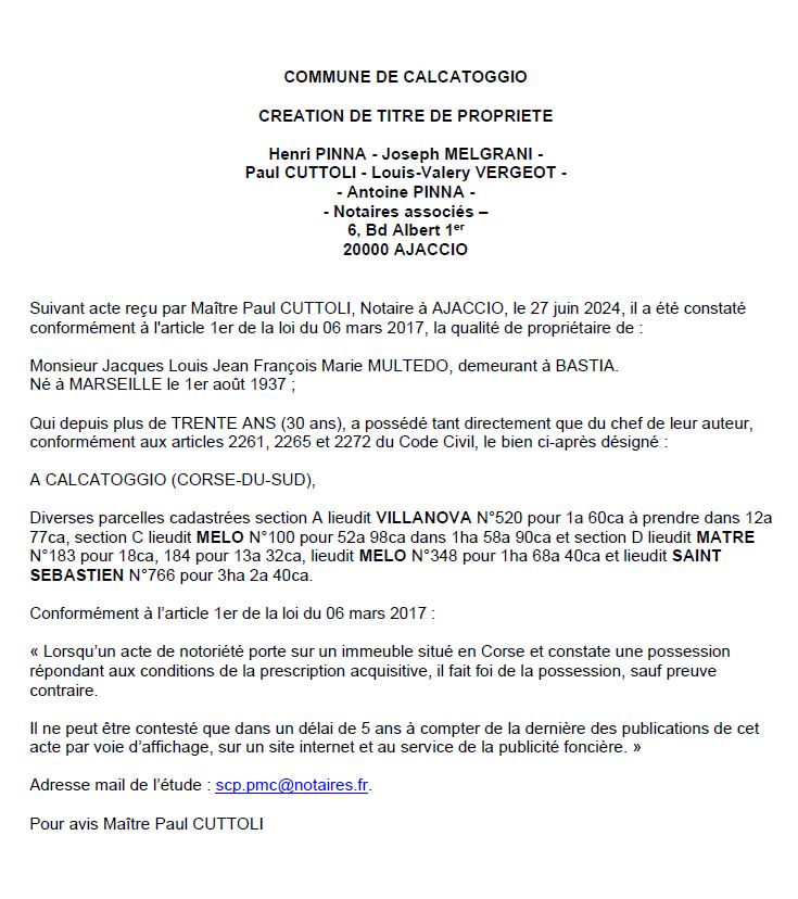 Avis de création de titre de propriété - Commune de Calcatoghju (Pumonti)