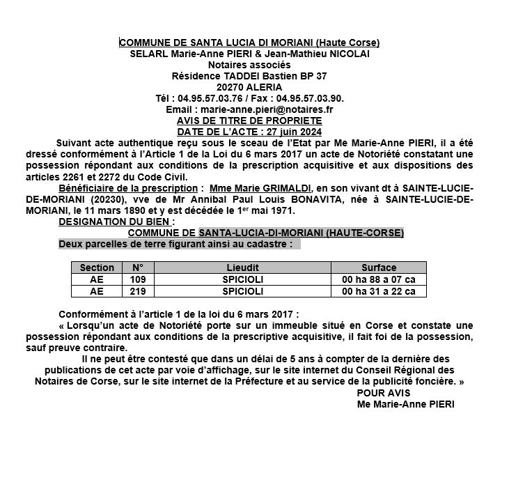 Avis de création de titre de propriété - Commune de Santa Lucia di Muriani (Cismonte)