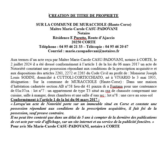 Avis de création de titre de propriété - Commune d'E Muracciole (Cismonte)