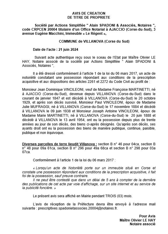 Avis de création de titre de propriété - Commune de Villanova (Pumonti)