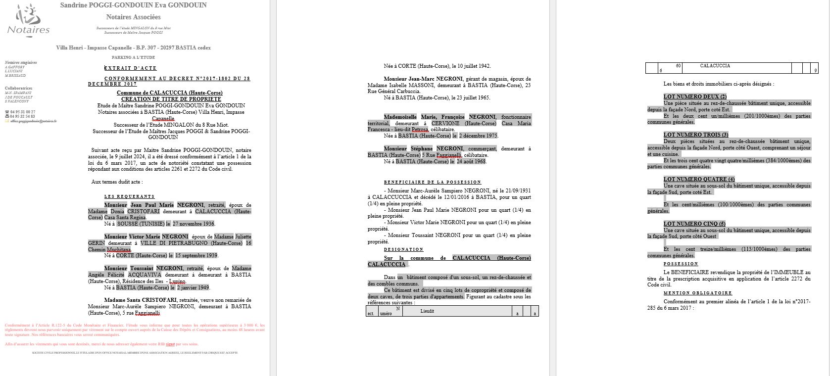 Avis de création de titre de propriété - Commune de Calacuccia (Cismonte)