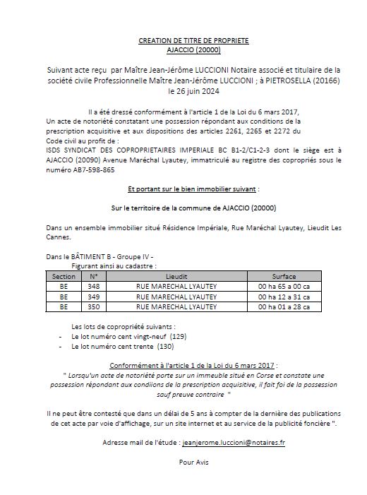 Avis de création de titre de propriété - Commune de Aiacciu (Pumonti)